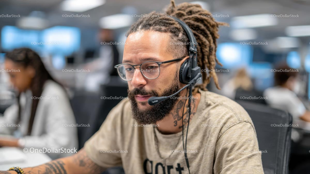Customer Support Agent Wearing Headset in Modern Office