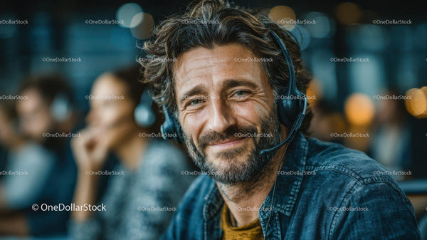 Smiling Man in Call Center With Headphones