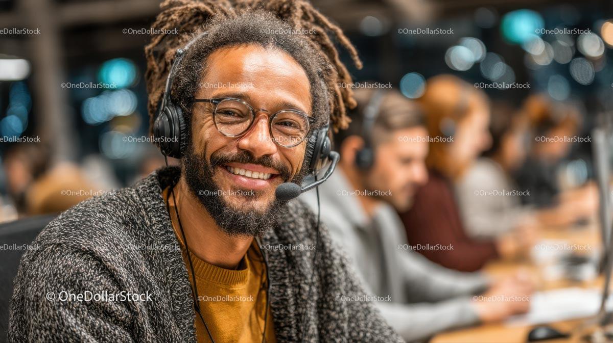 Smiling Man with Headset in Call Center Environment