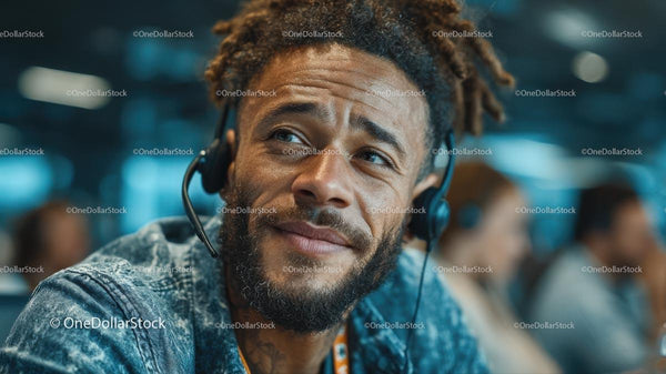 Smiling Call Center Agent with Headset in Busy Office