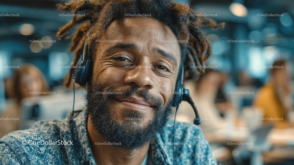 Smiling Man with Headphones in Modern Office Setting