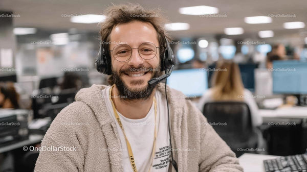 Smiling Man with Headset in Modern Office Environment