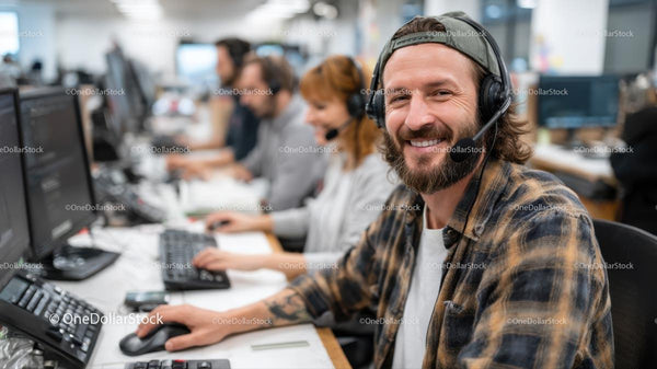 Smiling Man with Headset in a Busy Call Center Environment