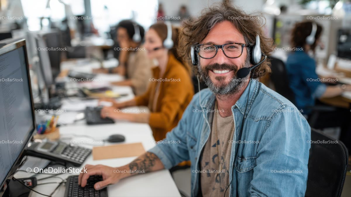 Smiling Customer Service Representative in Modern Office