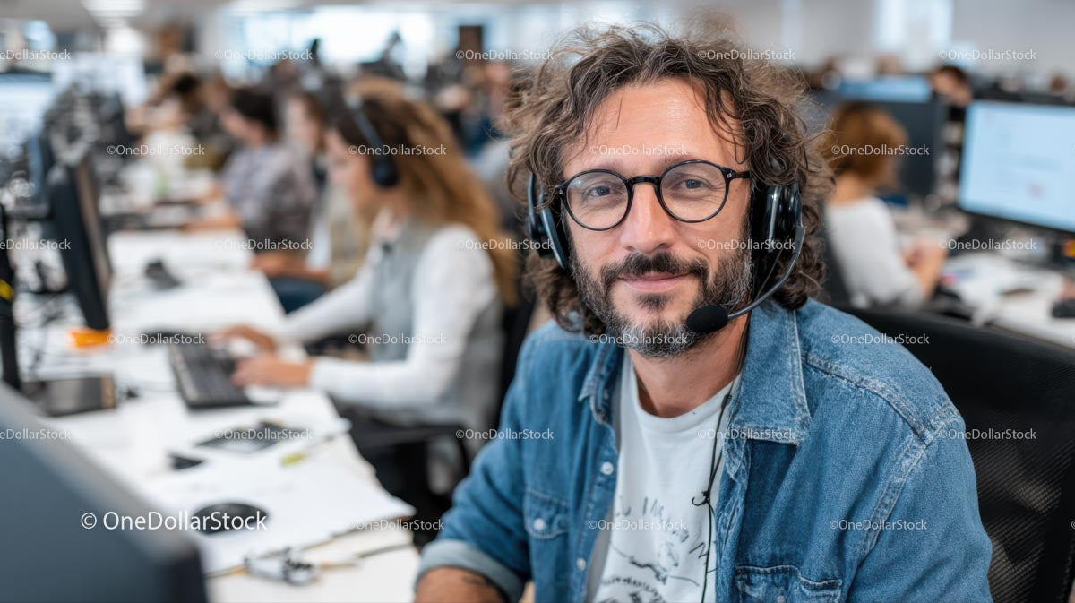 Smiling Customer Support Agent in a Busy Call Center