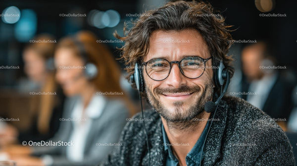 Smiling Man in Headset at Modern Call Center