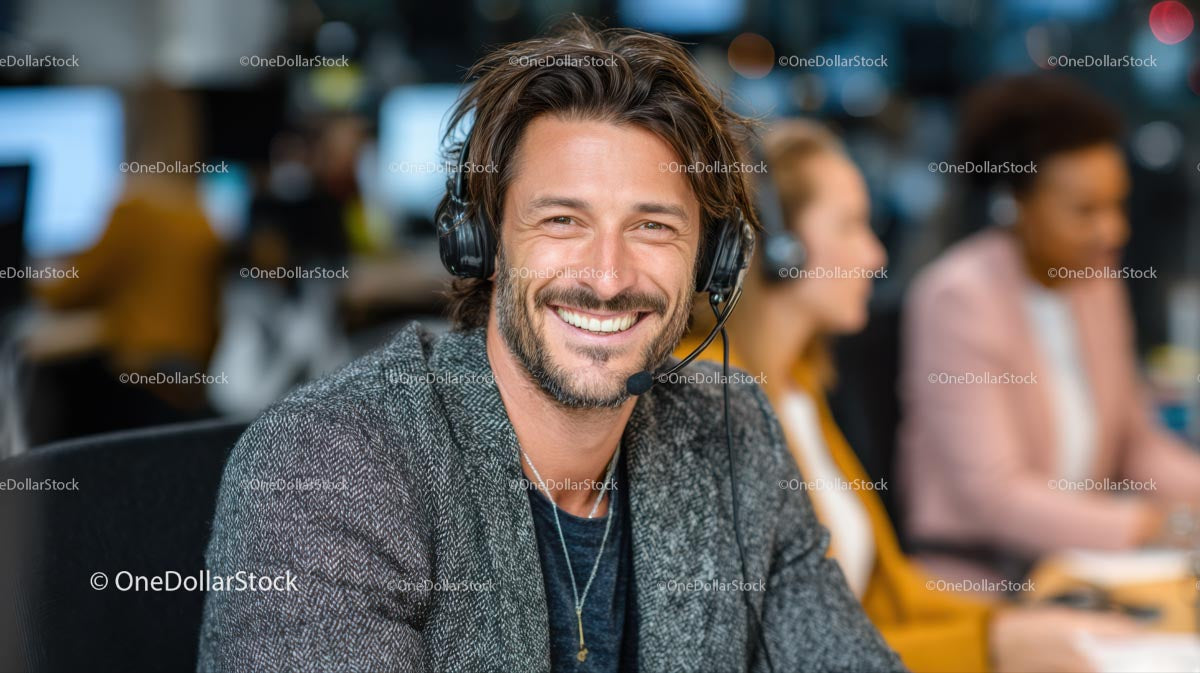 Smiling Man with Headset in Modern Office Environment