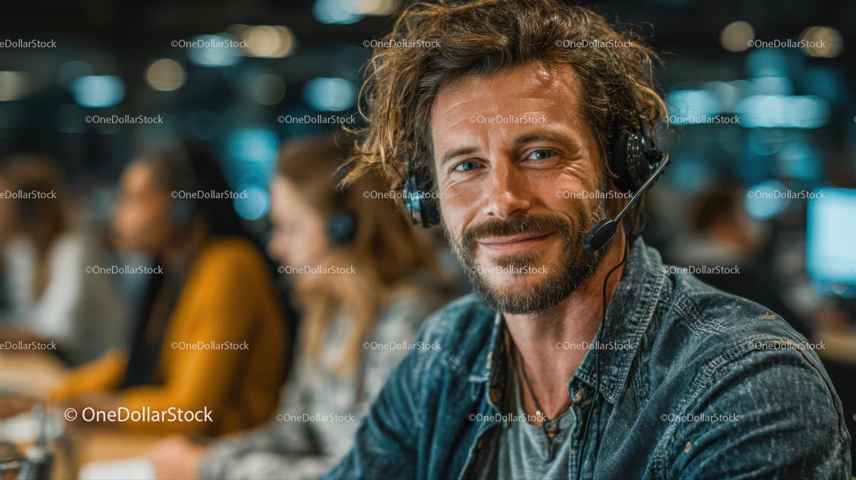 Smiling Male Call Center Operator with Headset in Busy Office