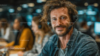 Smiling Male Call Center Operator with Headset in Busy Office