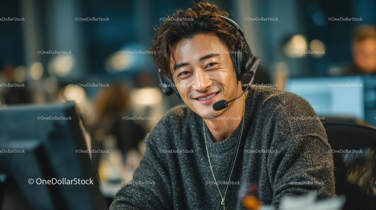 Smiling Man in Office with Headset and Computer
