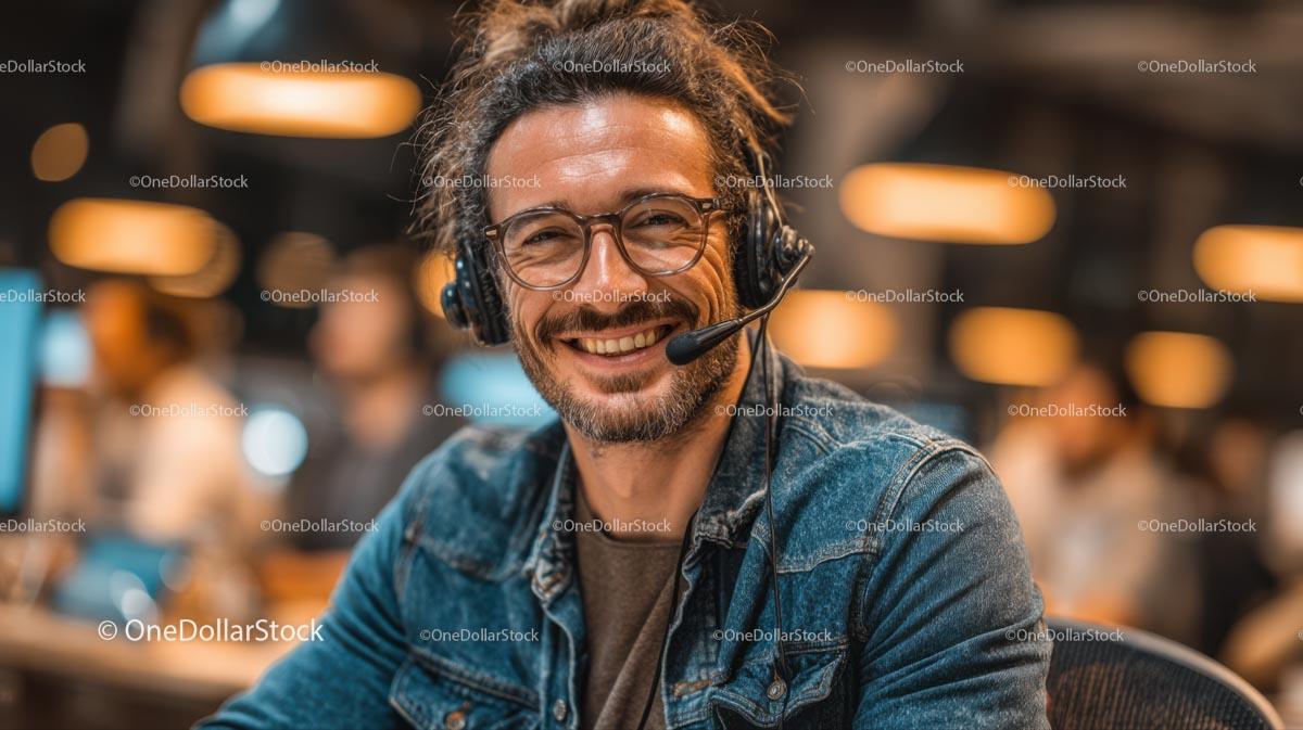 Smiling Customer Service Operator with Headset in Office