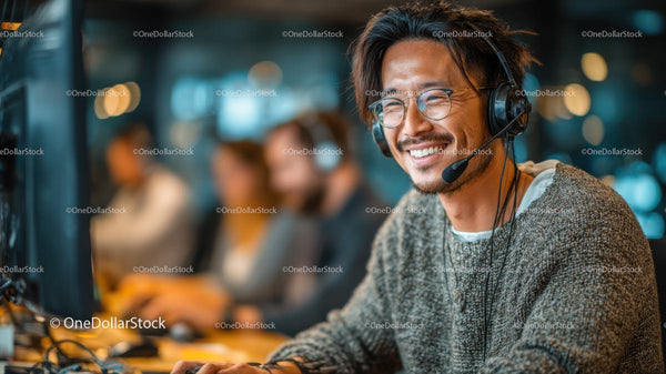 Smiling Customer Support Representative in Modern Office