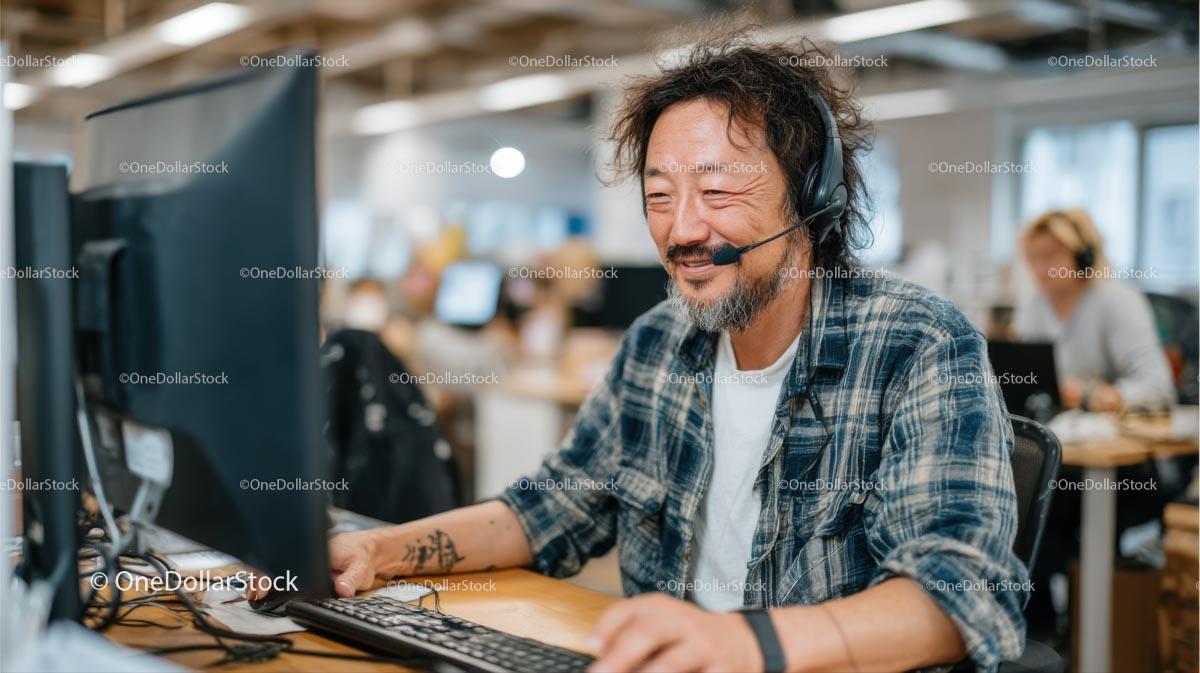Smiling Man in Plaid Shirt with Headset at Office Desk