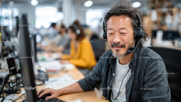 Man in Headset Working at Modern Office Desk