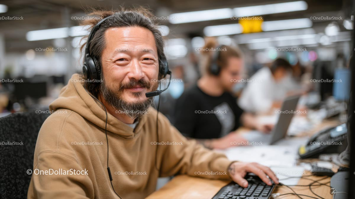 Smiling Employee Wearing Headset in Modern Office