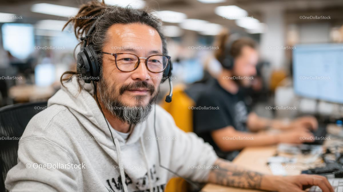Smiling Man in Headset Working in a Modern Office