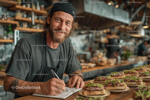 Chef Writing Menu Amidst Freshly Prepared Sandwiches