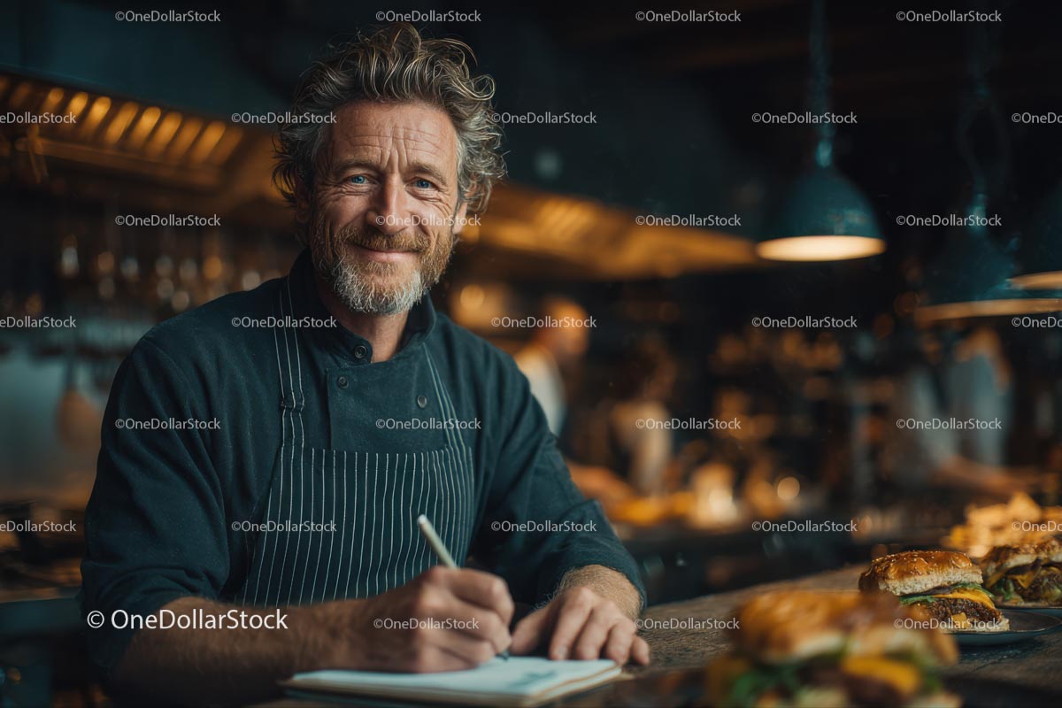 Uśmiechnięty szef kuchni robiący notatki w ruchliwej kuchni restauracji