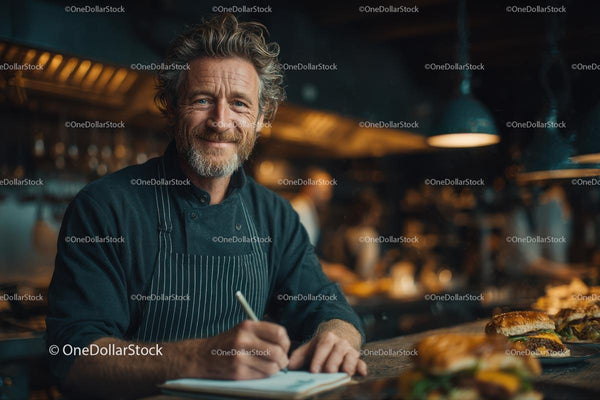 Smiling Chef Taking Notes in a Busy Restaurant Kitchen