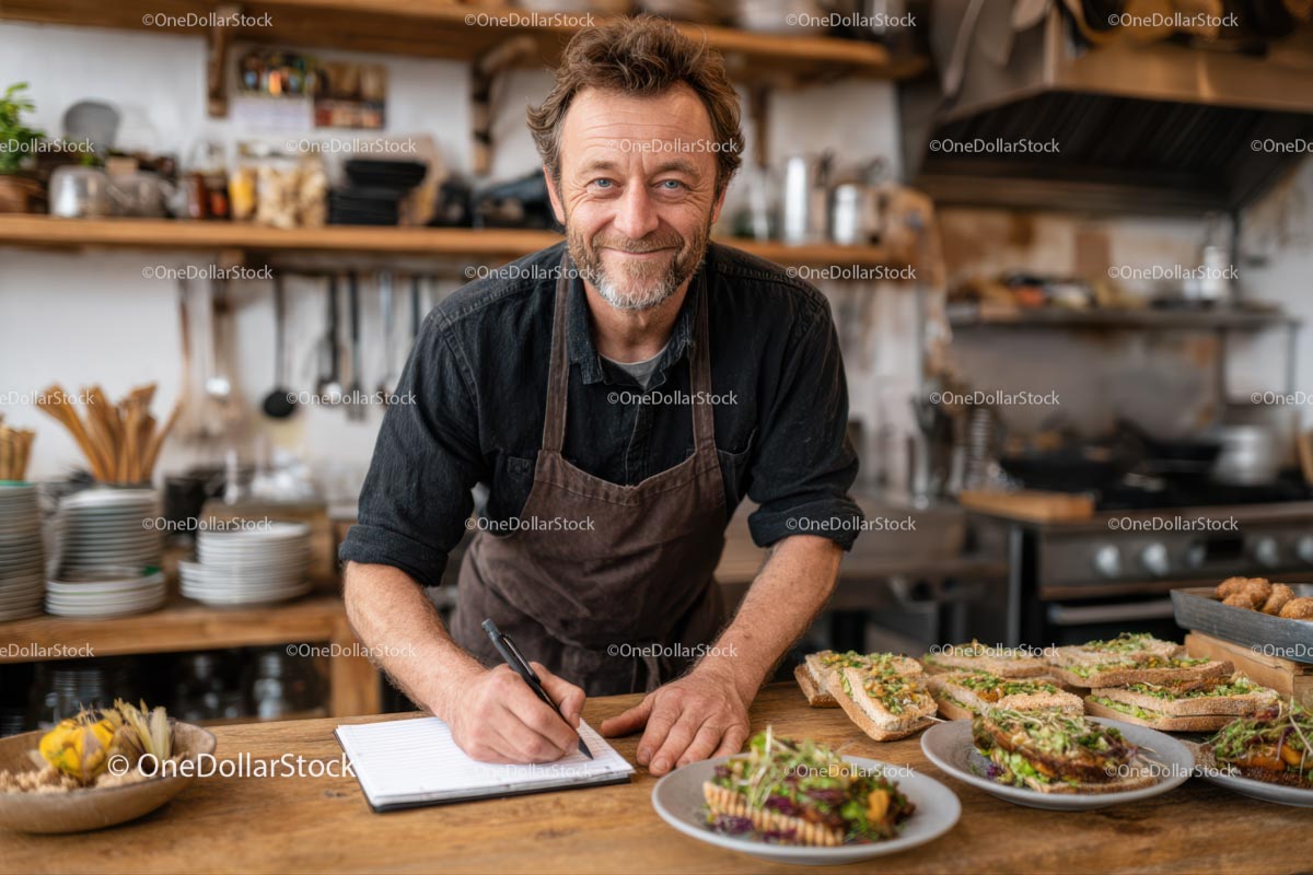 Smiling Chef in Rustic Kitchen with Delicious Sandwiches