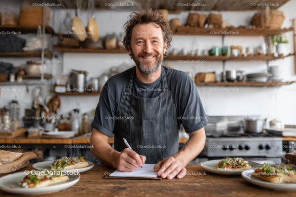 Smiling Chef in Rustic Kitchen with Gourmet Dishes