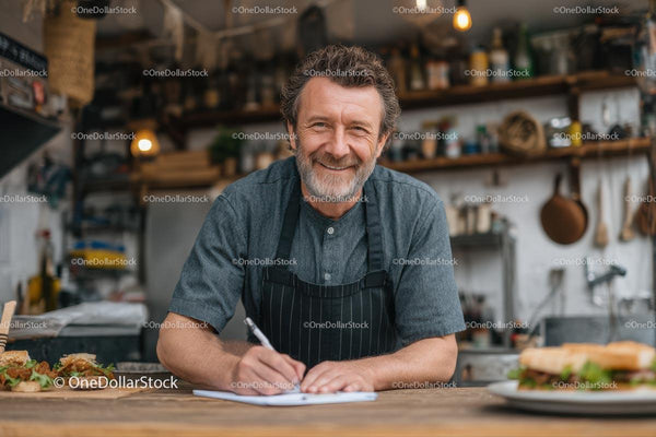 Smiling Chef in Rustic Kitchen Taking Culinary Notes