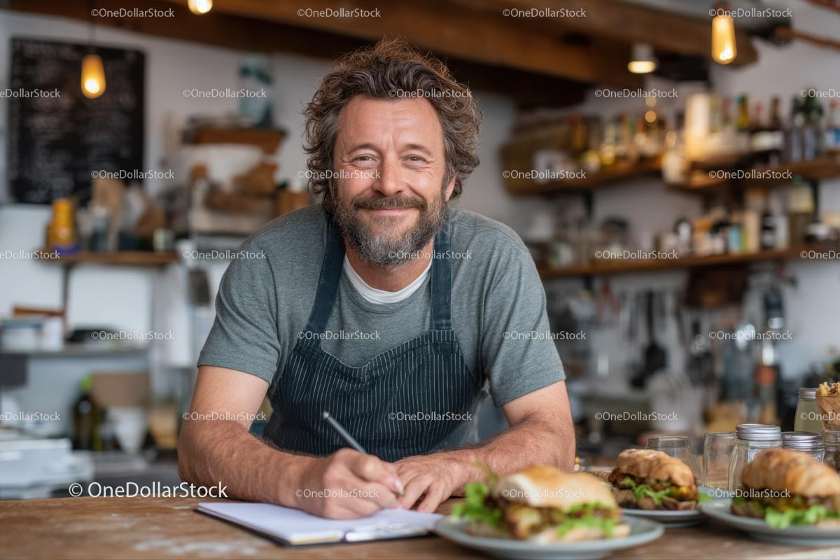 Smiling Chef Writing Menu in Rustic Cafe