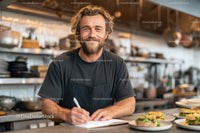 Smiling Chef Writing in a Busy Restaurant Kitchen