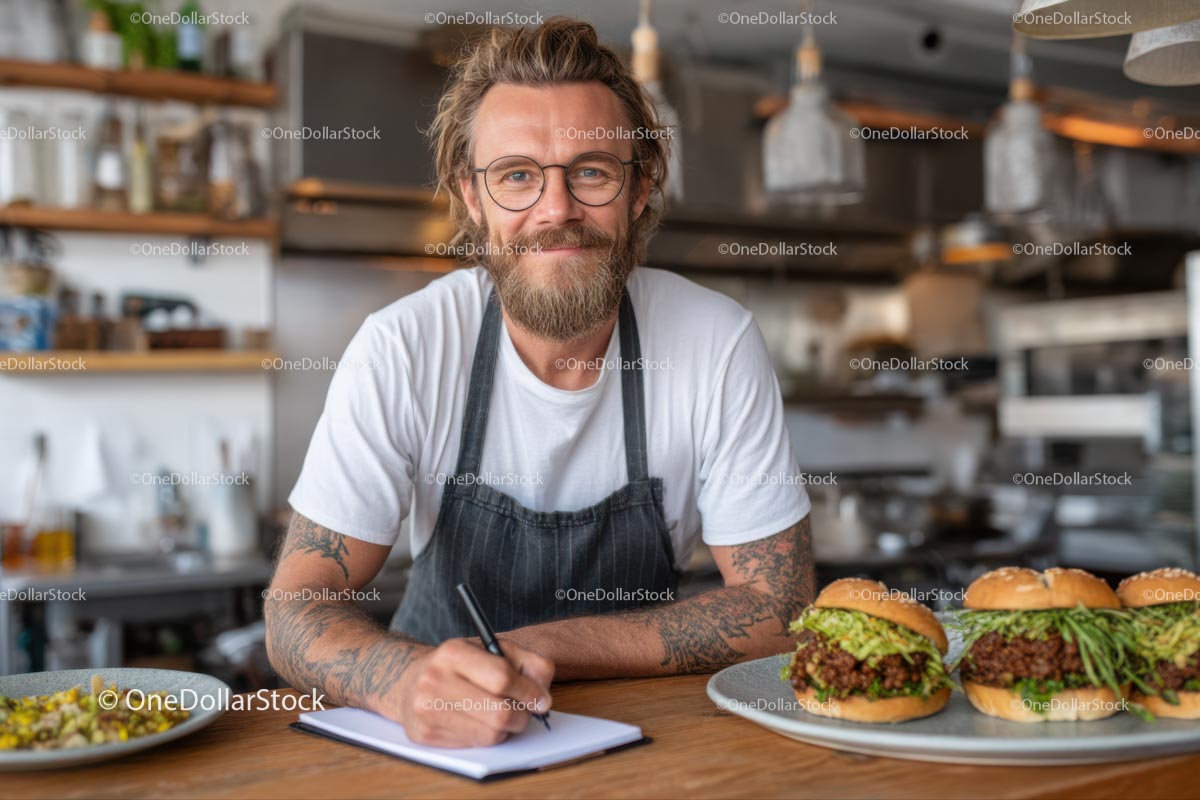 Uśmiechnięty szef kuchni w rustykalnej kuchni z wykwintnymi burgerami