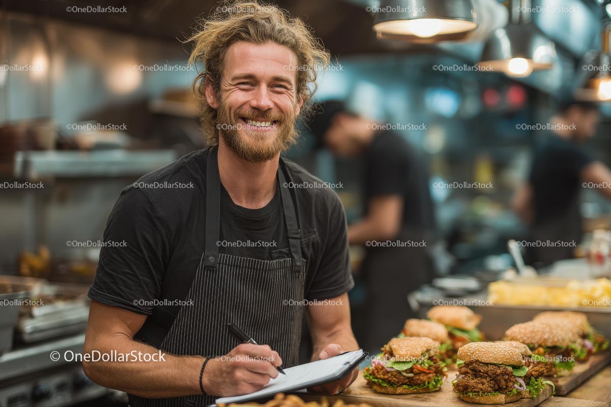 Uśmiechnięty szef kuchni w ruchliwej kuchni restauracji z burgerami