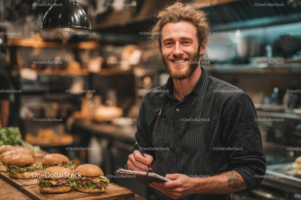 Smiling Chef in Restaurant Kitchen with Gourmet Burgers