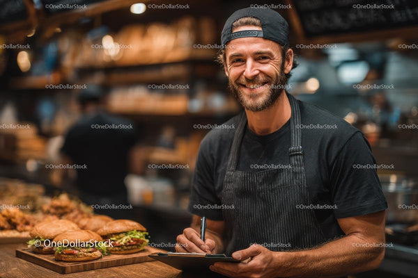 Smiling Chef with Gourmet Sandwiches in Cozy Restaurant