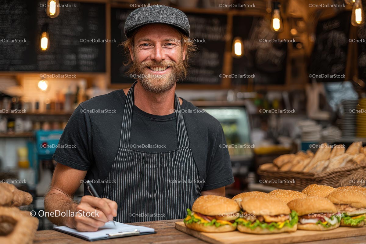 Smiling Chef Preparing Gourmet Burgers in Hip Cafe