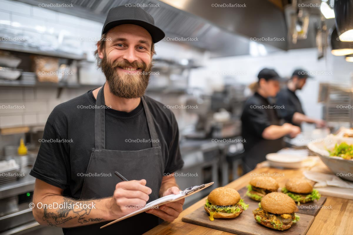 Uśmiechnięty szef kuchni w ruchliwej kuchni restauracji przygotowuje burgery