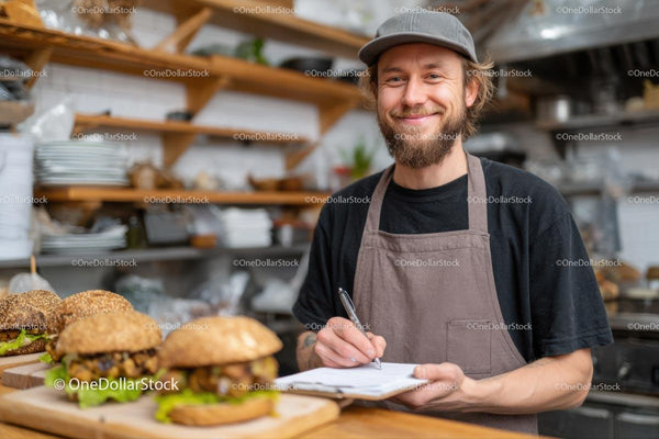 Friendly Chef Writing in Casual Restaurant Kitchen