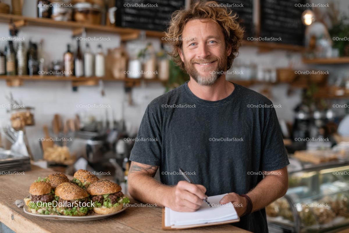 Smiling Cafe Owner with Gourmet Burgers in Rustic Setting