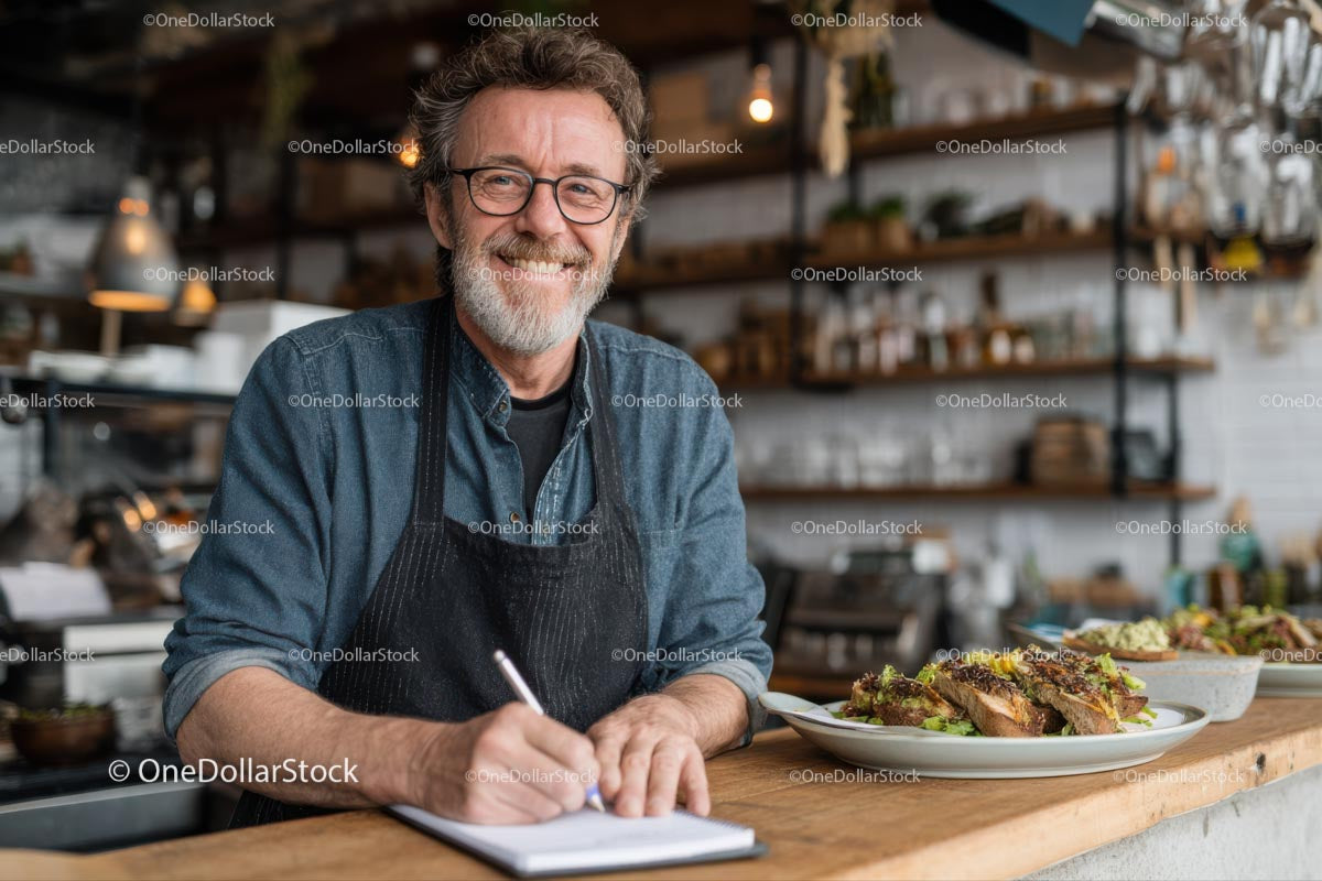 Smiling Chef in Rustic Cafe with Delicious Dishes
