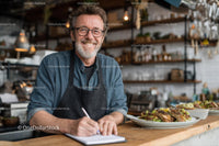 Smiling Chef in Rustic Cafe with Delicious Dishes