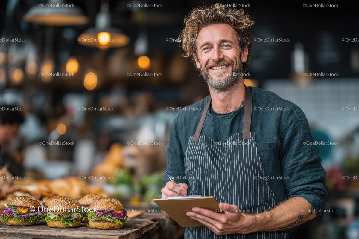 Smiling Chef with Gourmet Burgers in Stylish Restaurant