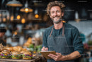 Smiling Chef with Gourmet Burgers in Stylish Restaurant