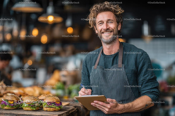 Smiling Chef with Gourmet Burgers in Stylish Restaurant