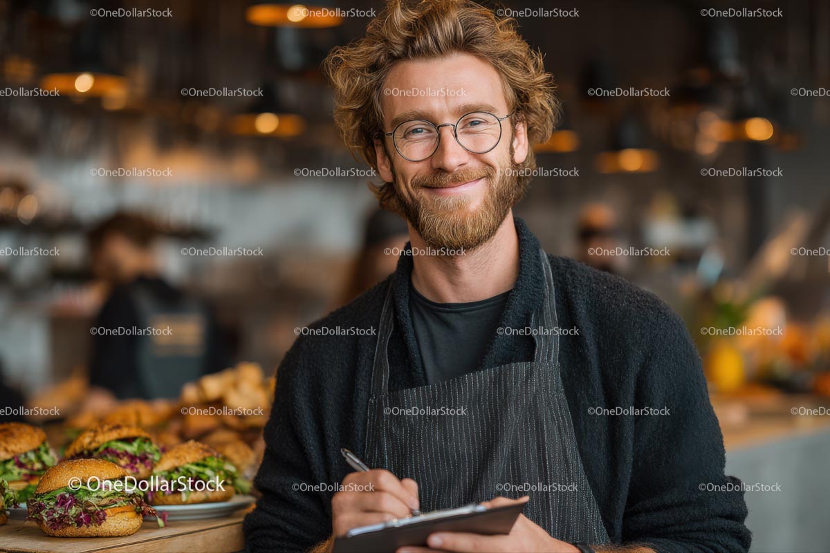 Uśmiechnięty barman w przytulnej kawiarni z burgerami gourmet