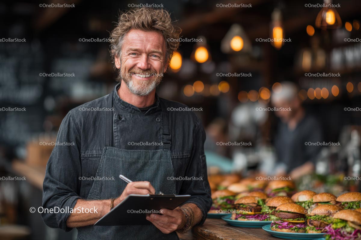 Uśmiechnięty szef kuchni z wykwintnymi burgerami w nowoczesnej restauracji