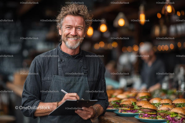Smiling Chef with Gourmet Burgers in Modern Restaurant