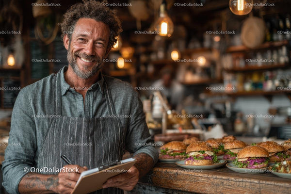 Smiling Chef in Cozy Cafe with Gourmet Burgers