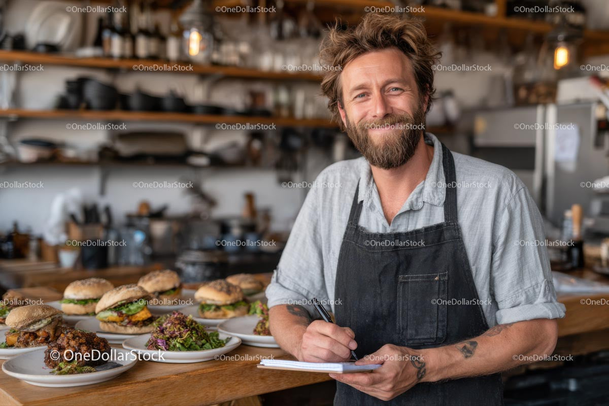 Smiling Chef in Rustic Kitchen with Gourmet Burgers