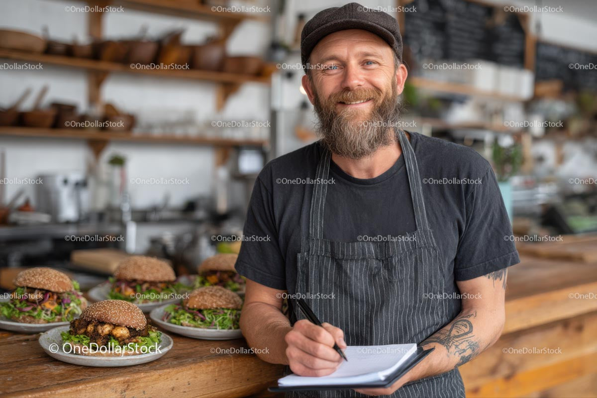 Smiling Chef in Rustic Cafe Preparing Artisan Burgers