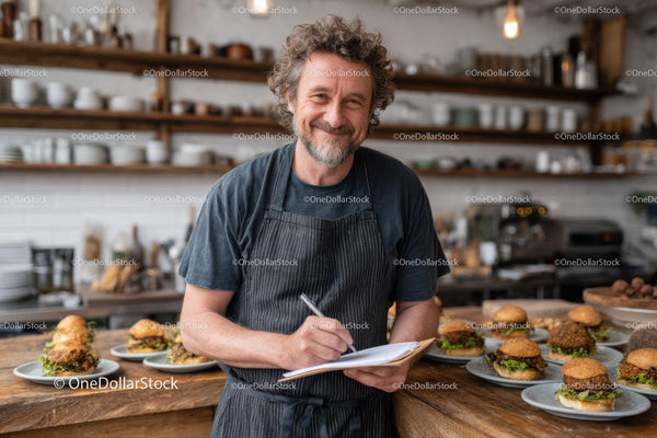 Smiling Chef with Gourmet Burgers in Rustic Kitchen