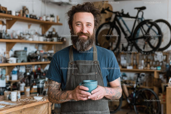 Bearded Craftsman Holding Coffee in Rustic Workshop