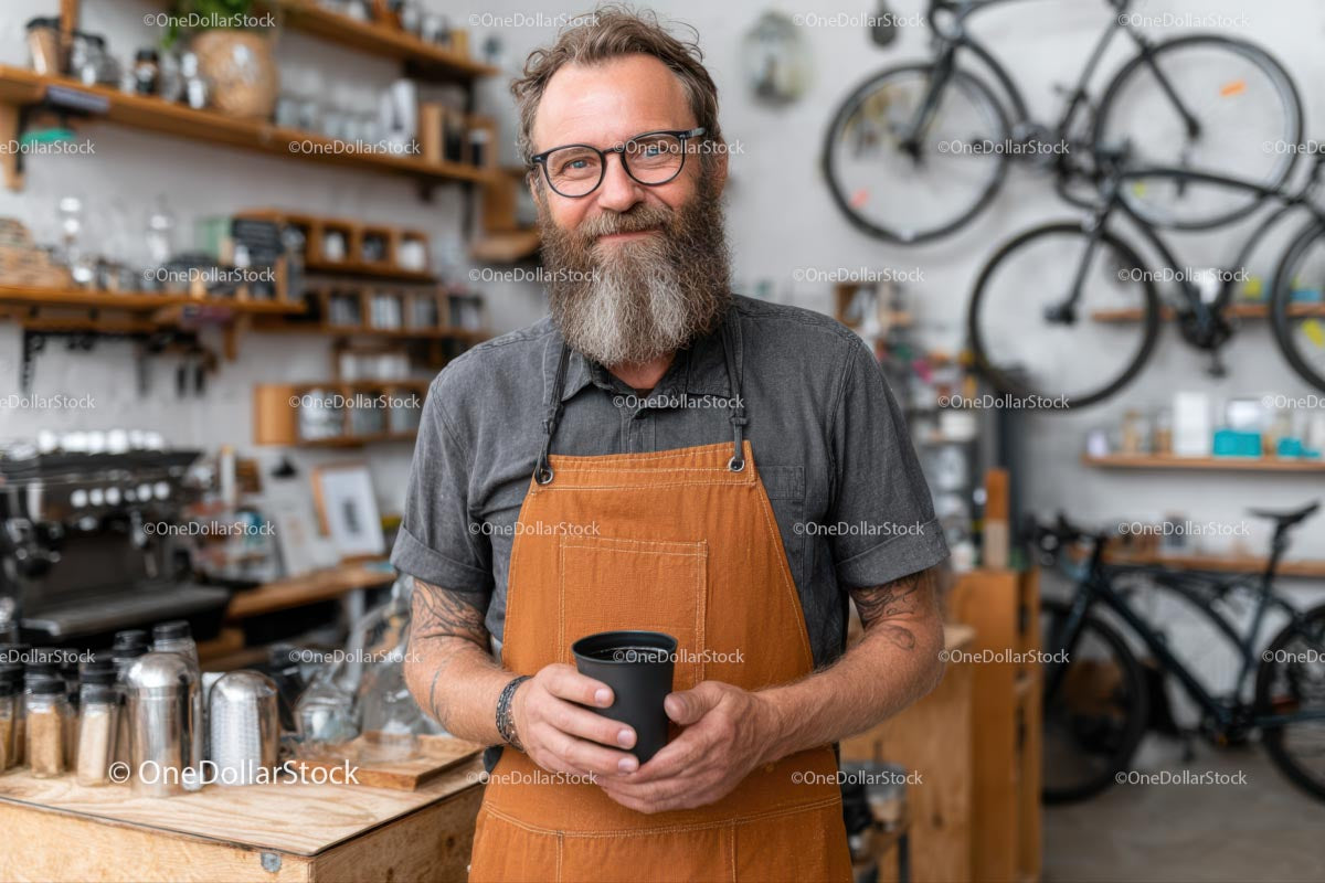 Bearded Barista Holding a Coffee Cup in a Cozy Cafe
